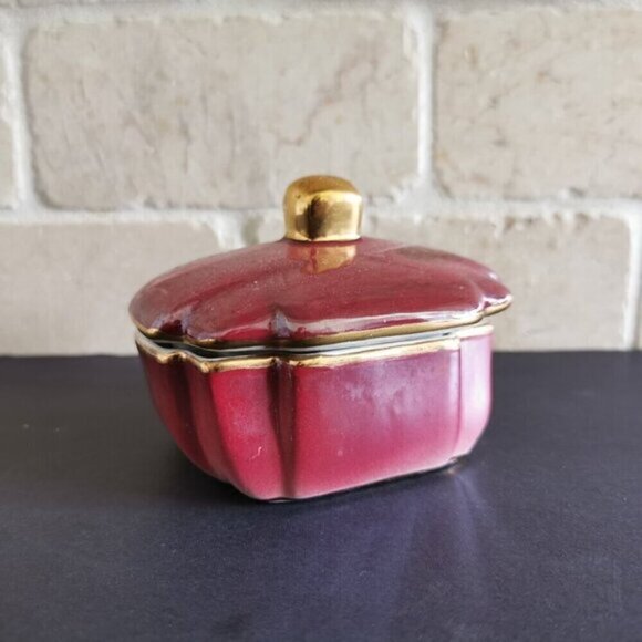Small Storage Dish w/Lid Geometric Burgundy Gold Asian Trinkets Jewelry Box - Picture 4 of 9